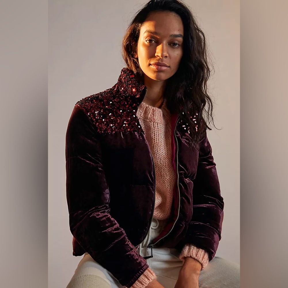 Anthropologie Burgundy Velvet Sequin Puffer Jacket